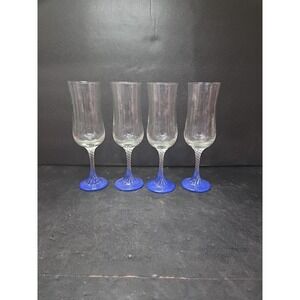 Italian Twisted Champagne Flutes, Clear Bowl With Cobalt Blue Base, Vtg Set of 4